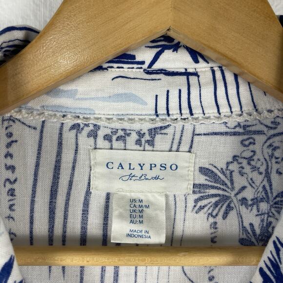 Calypso St Barth Maxi Shirt Dress Linen Button Front 3/4 Sleev White Blue Medium - Picture 3 of 12